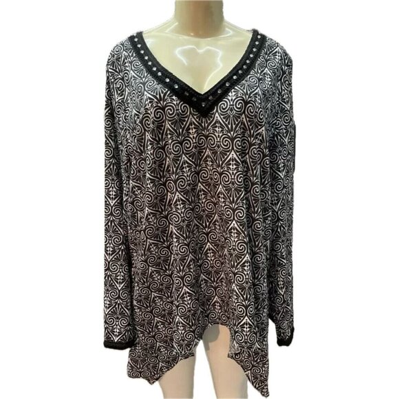 Maria Gabriell Jrs 3X Black Print Crochet Beaded Neck Hanky Hem Long Sleeve Top - Picture 2 of 6